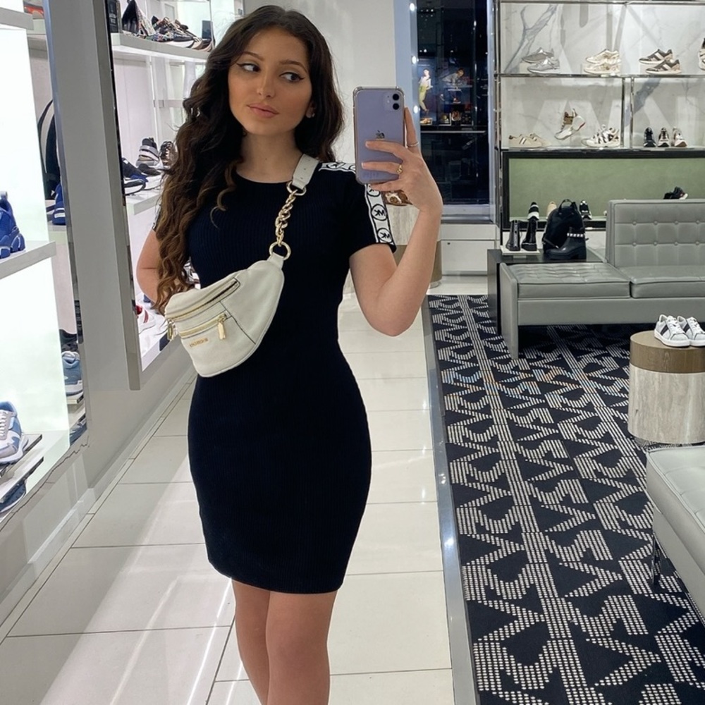 michael kors bodycon ribbed black logo dress